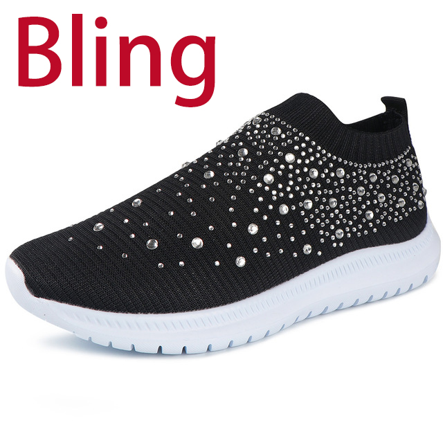 Women's Flat Shoes Sneakers Crystal Fashion Glitter Sneakers Casual Slip-On Socks Sneakers Summer