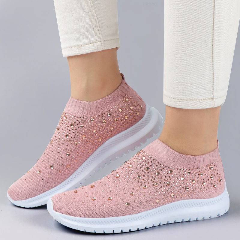 Women's Flat Shoes Sneakers Crystal Fashion Glitter Sneakers Casual Slip-On Socks Sneakers Summer