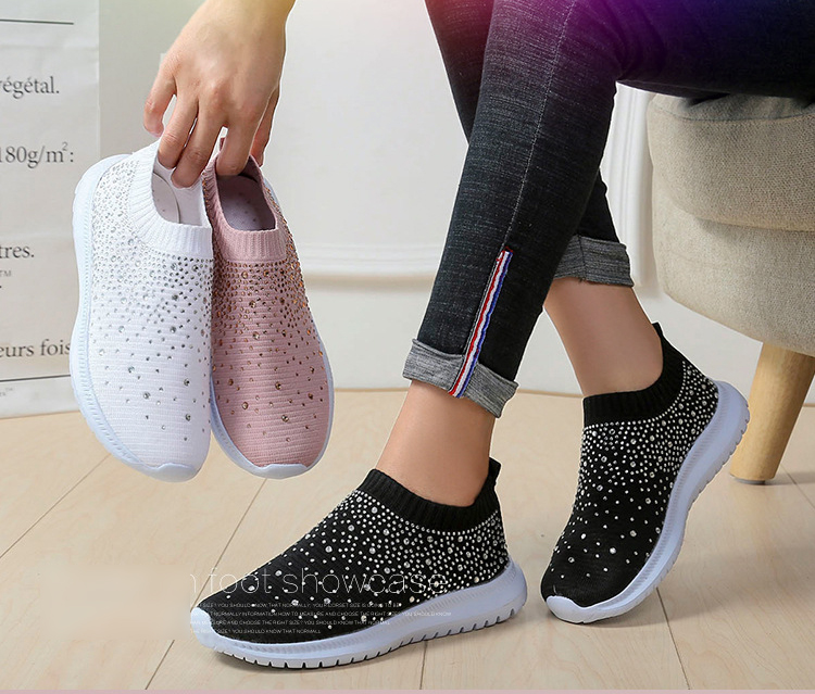 Women's Flat Shoes Sneakers Crystal Fashion Glitter Sneakers Casual Slip-On Socks Sneakers Summer