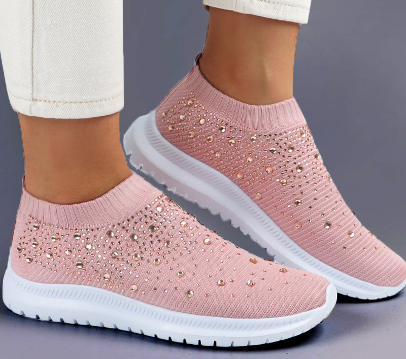 Women's Flat Shoes Sneakers Crystal Fashion Glitter Sneakers Casual Slip-On Socks Sneakers Summer