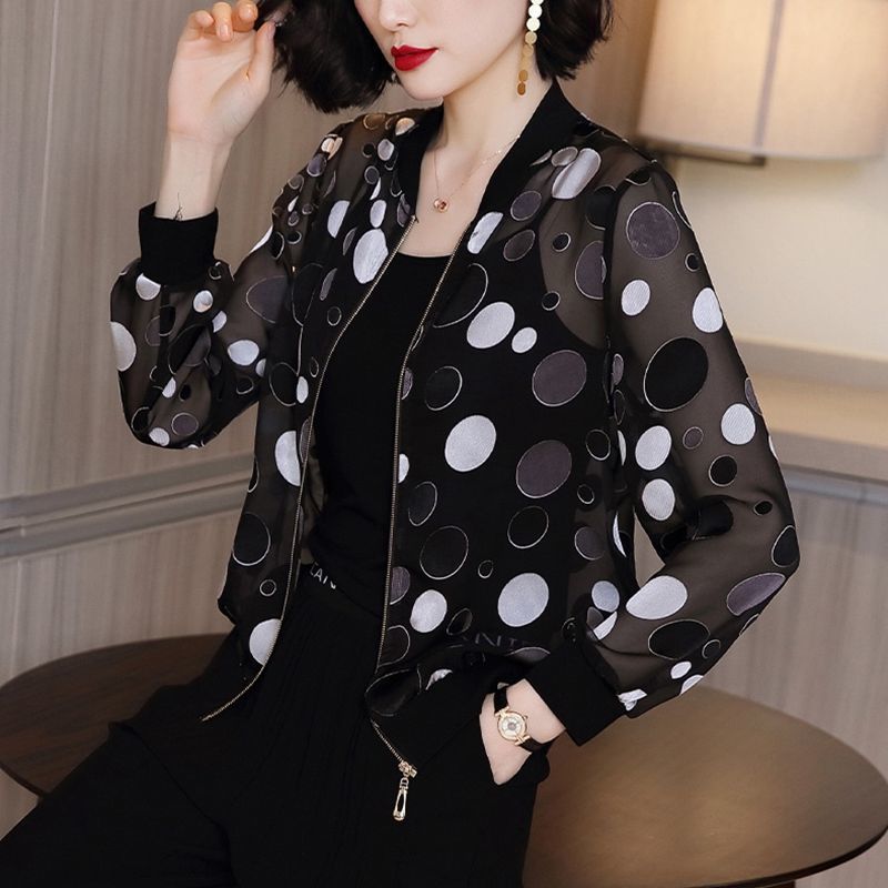 Polka Dot Pattern Printing Sunscreen Jacket Female Long-sleeved Fashion Round Neck Jacket Summer