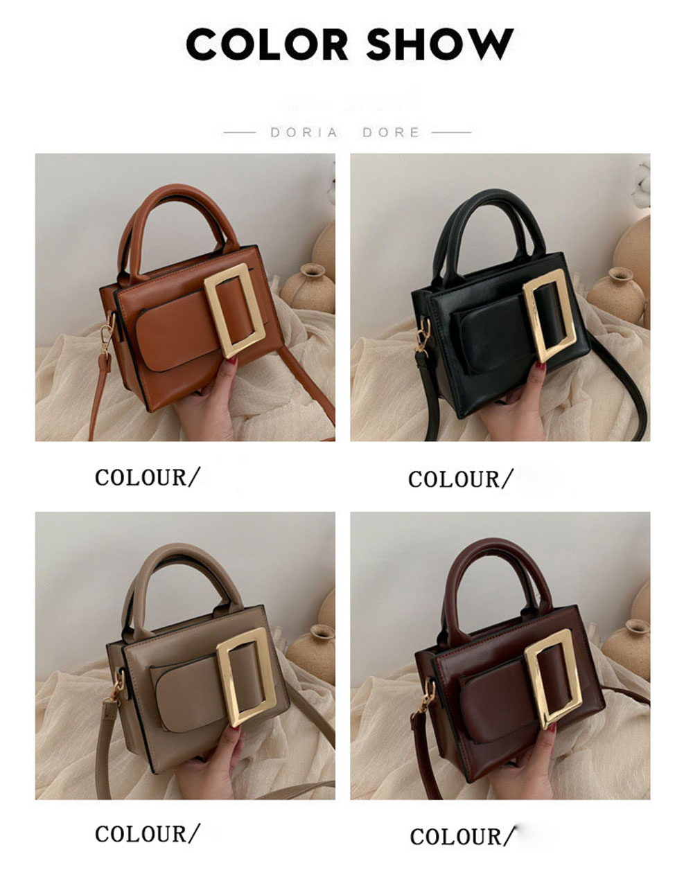 Retro Hong Kong Style Small Square Bag Female Portable Messenger Bag Solid Color Texture