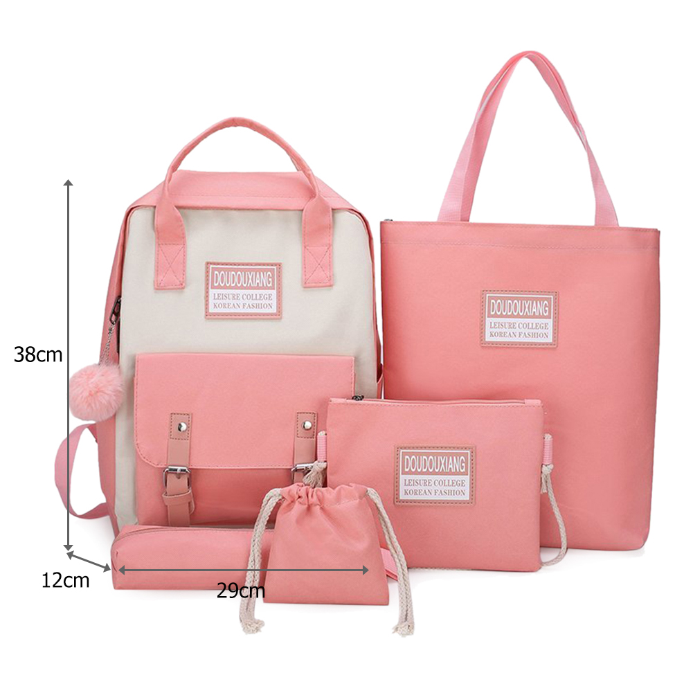 5pcs/Set Girls Canvas Travel Backpack Women Bookbags Teen Student Schoolbag Travel Bag