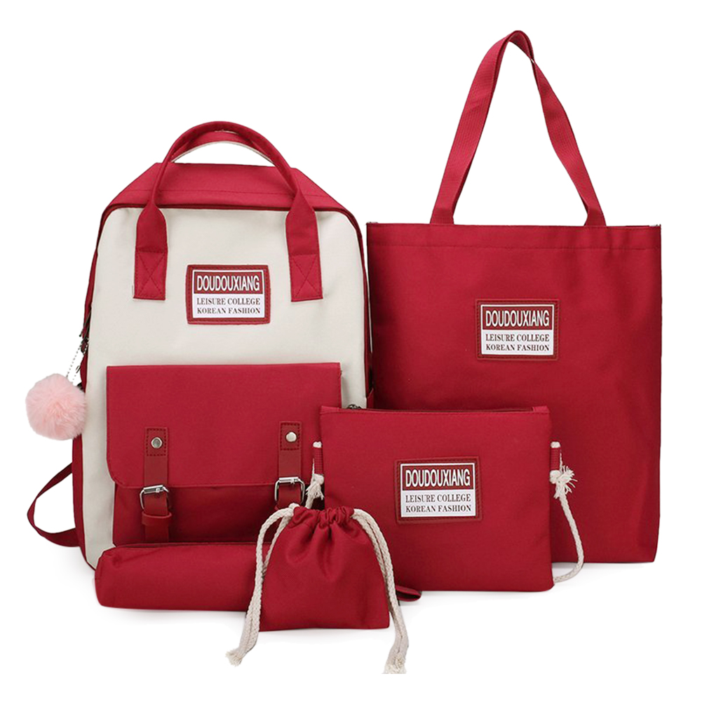 5pcs/Set Girls Canvas Travel Backpack Women Bookbags Teen Student Schoolbag Travel Bag