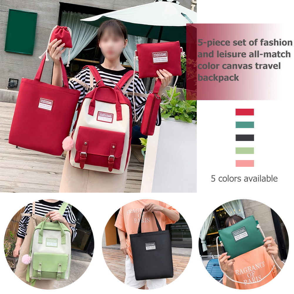 5pcs/Set Girls Canvas Travel Backpack Women Bookbags Teen Student Schoolbag Travel Bag