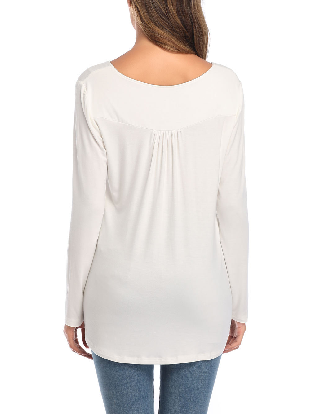 The New Large Size Women's V-neck Button Long-sleeved Shirt Solid Color Pleated Loose T-shirt.