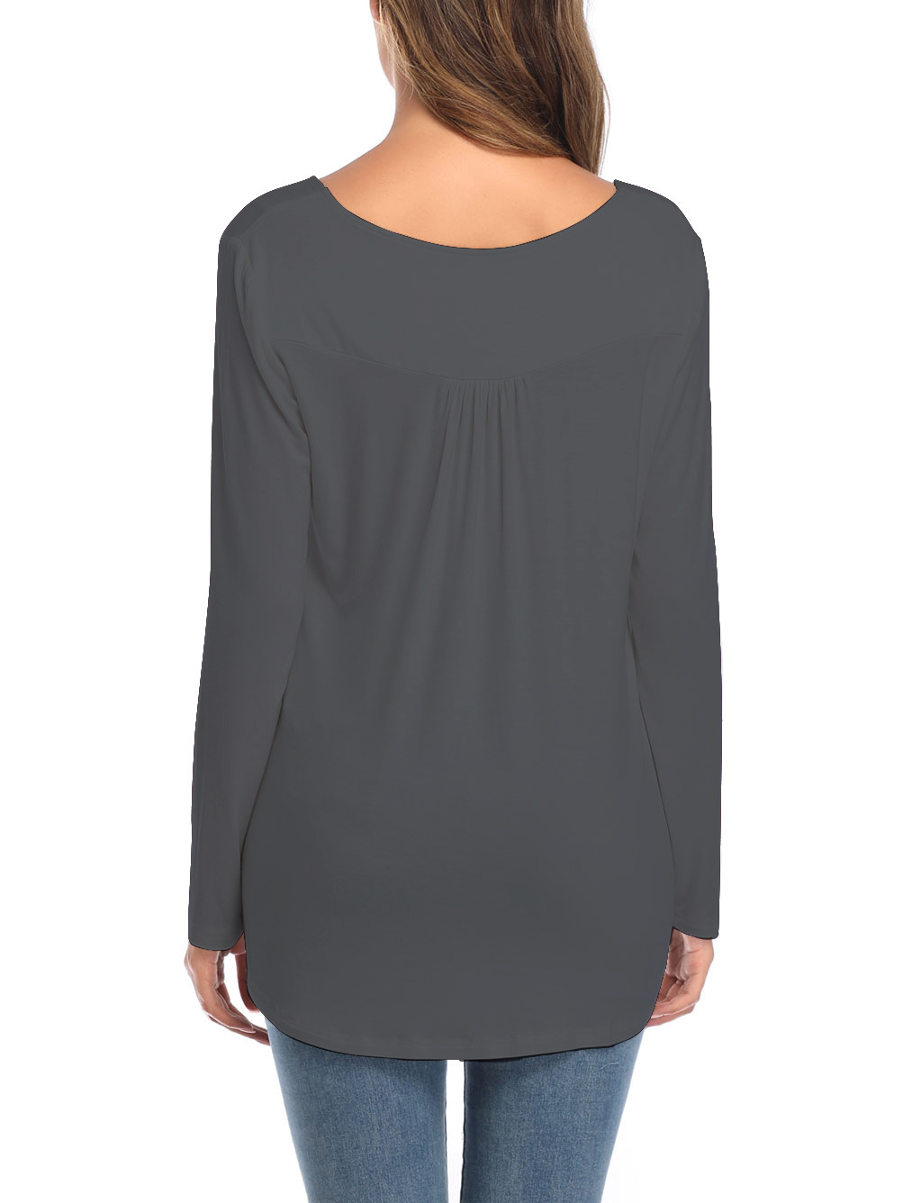 The New Large Size Women's V-neck Button Long-sleeved Shirt Solid Color Pleated Loose T-shirt.