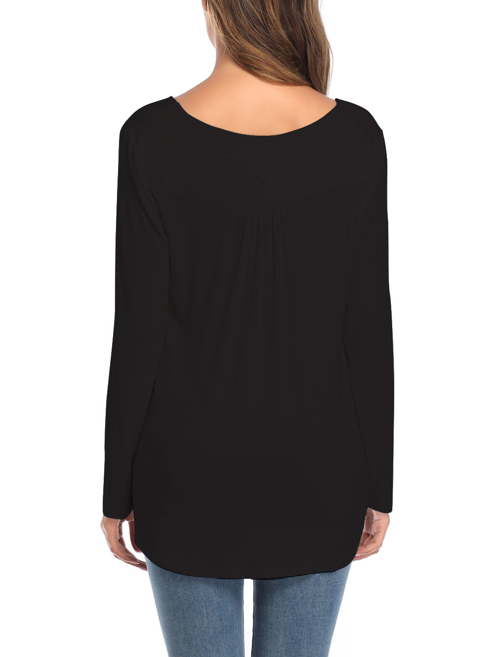 The New Large Size Women's V-neck Button Long-sleeved Shirt Solid Color Pleated Loose T-shirt.