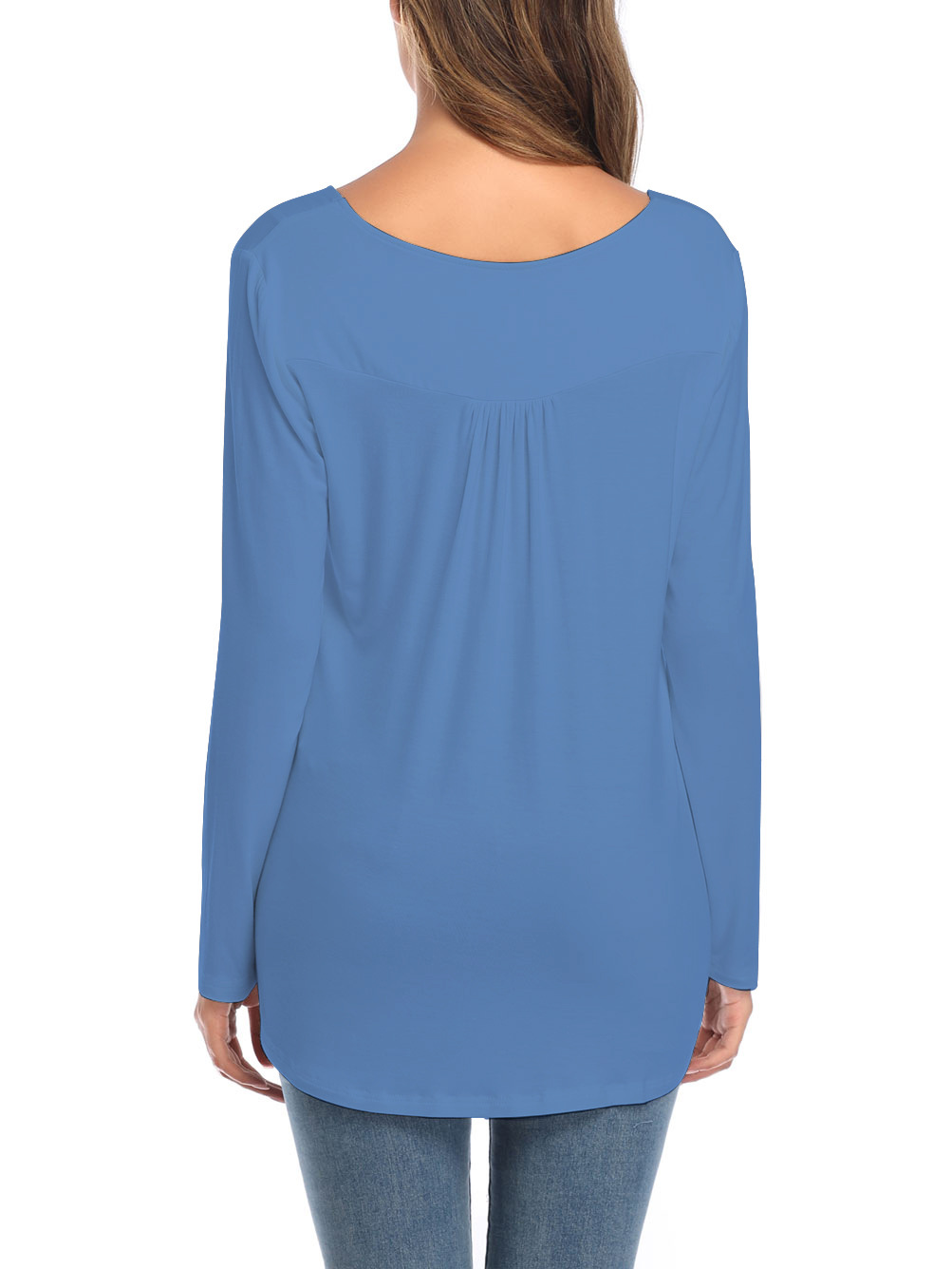 The New Large Size Women's V-neck Button Long-sleeved Shirt Solid Color Pleated Loose T-shirt.