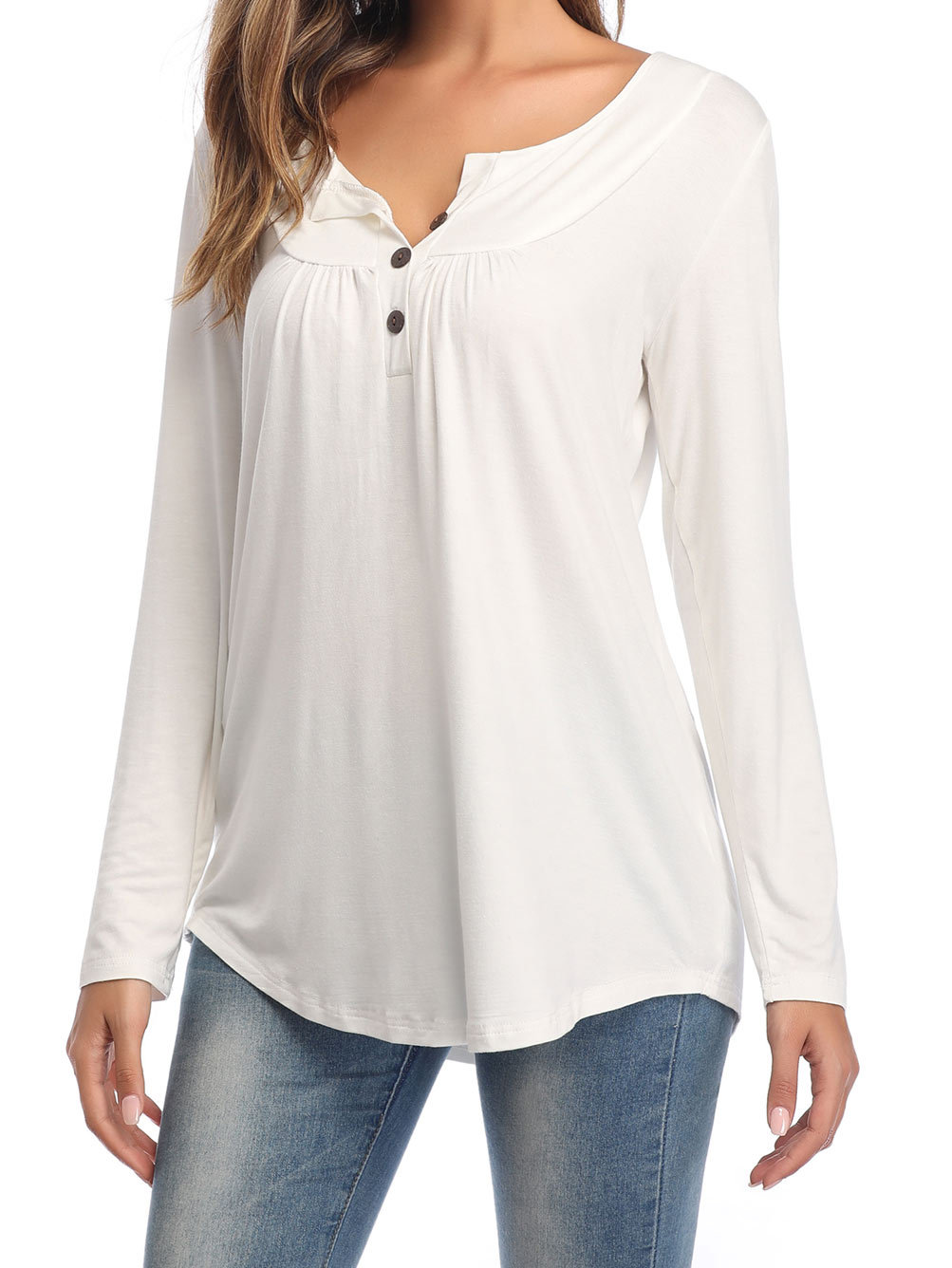 The New Large Size Women's V-neck Button Long-sleeved Shirt Solid Color Pleated Loose T-shirt.