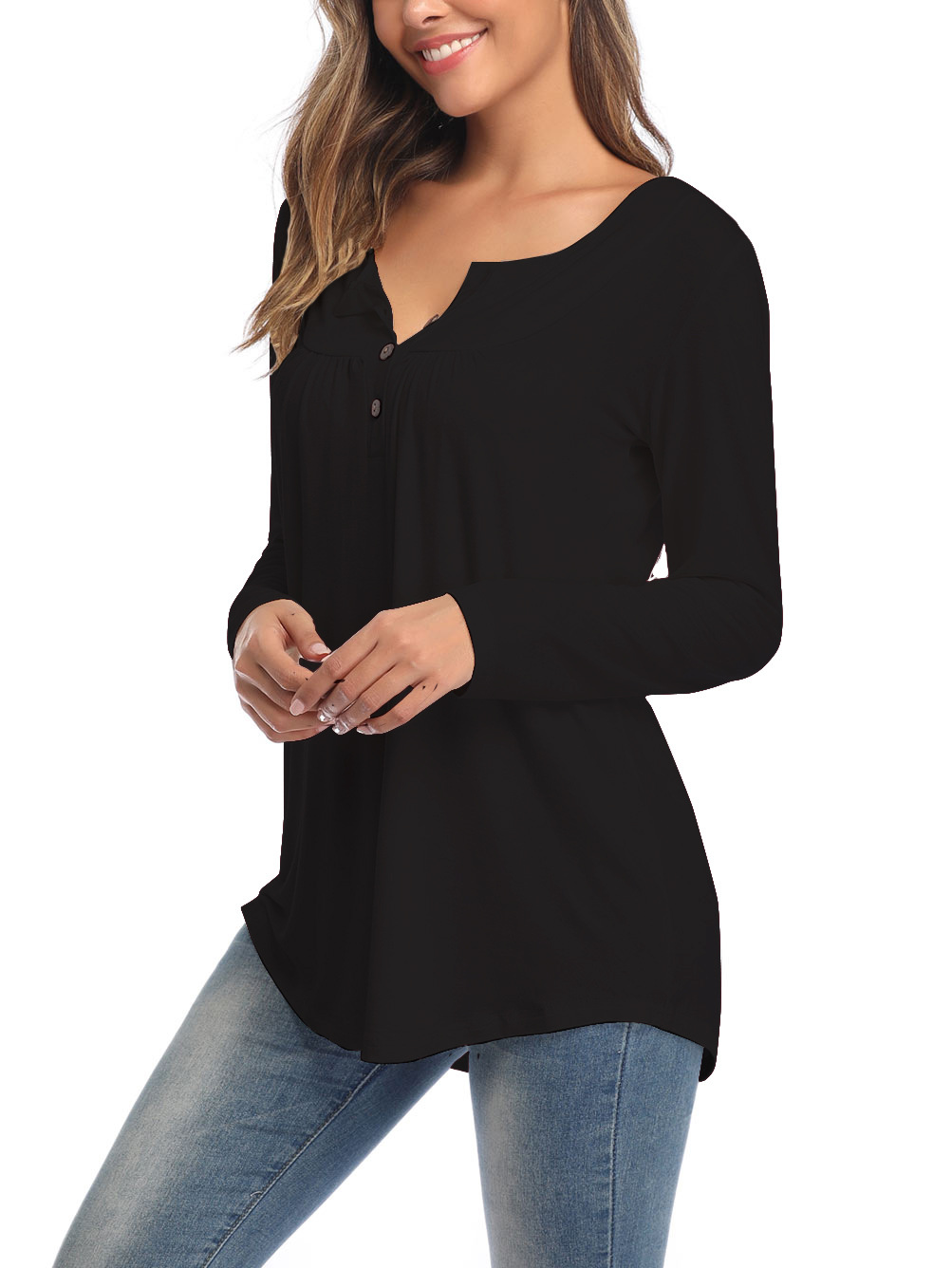 The New Large Size Women's V-neck Button Long-sleeved Shirt Solid Color Pleated Loose T-shirt.