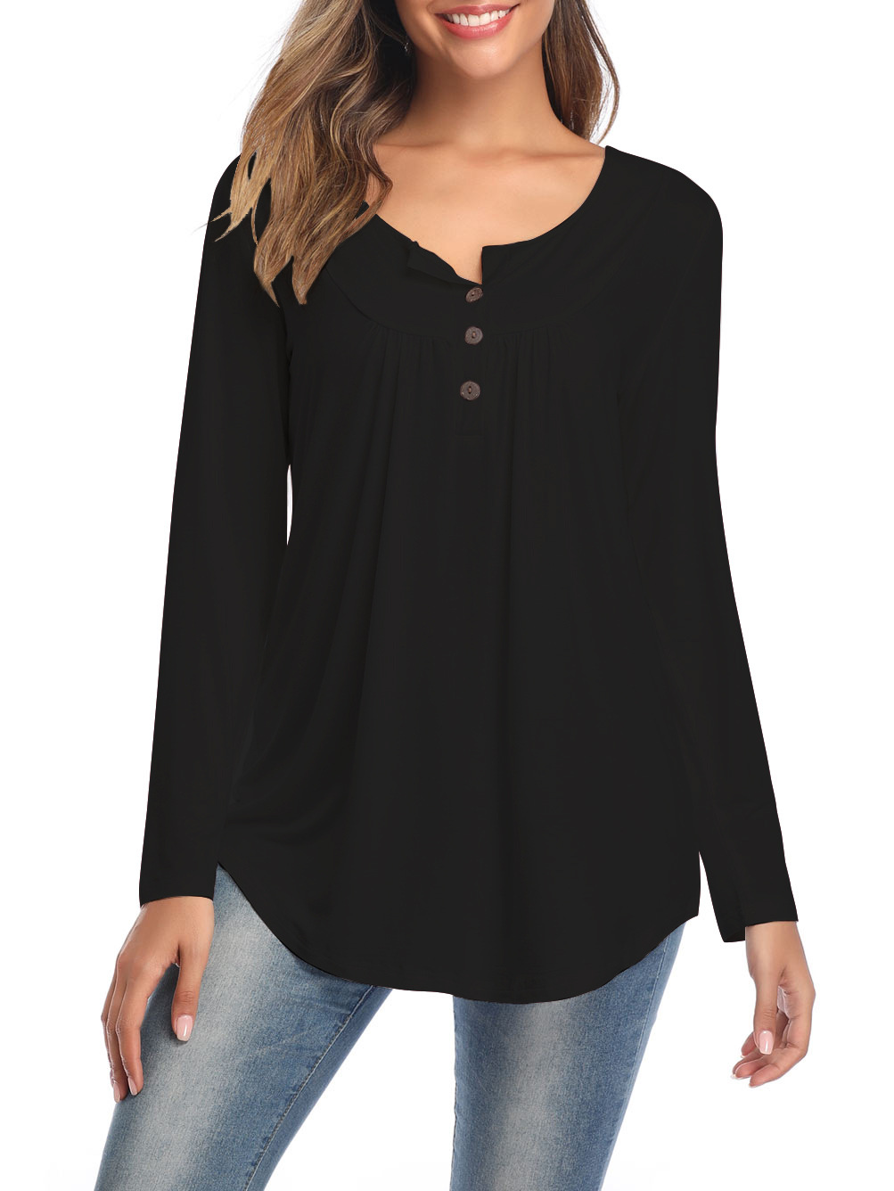 The New Large Size Women's V-neck Button Long-sleeved Shirt Solid Color Pleated Loose T-shirt.