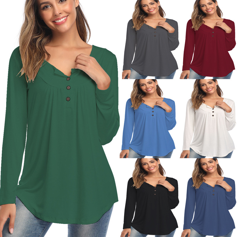 The New Large Size Women's V-neck Button Long-sleeved Shirt Solid Color Pleated Loose T-shirt.