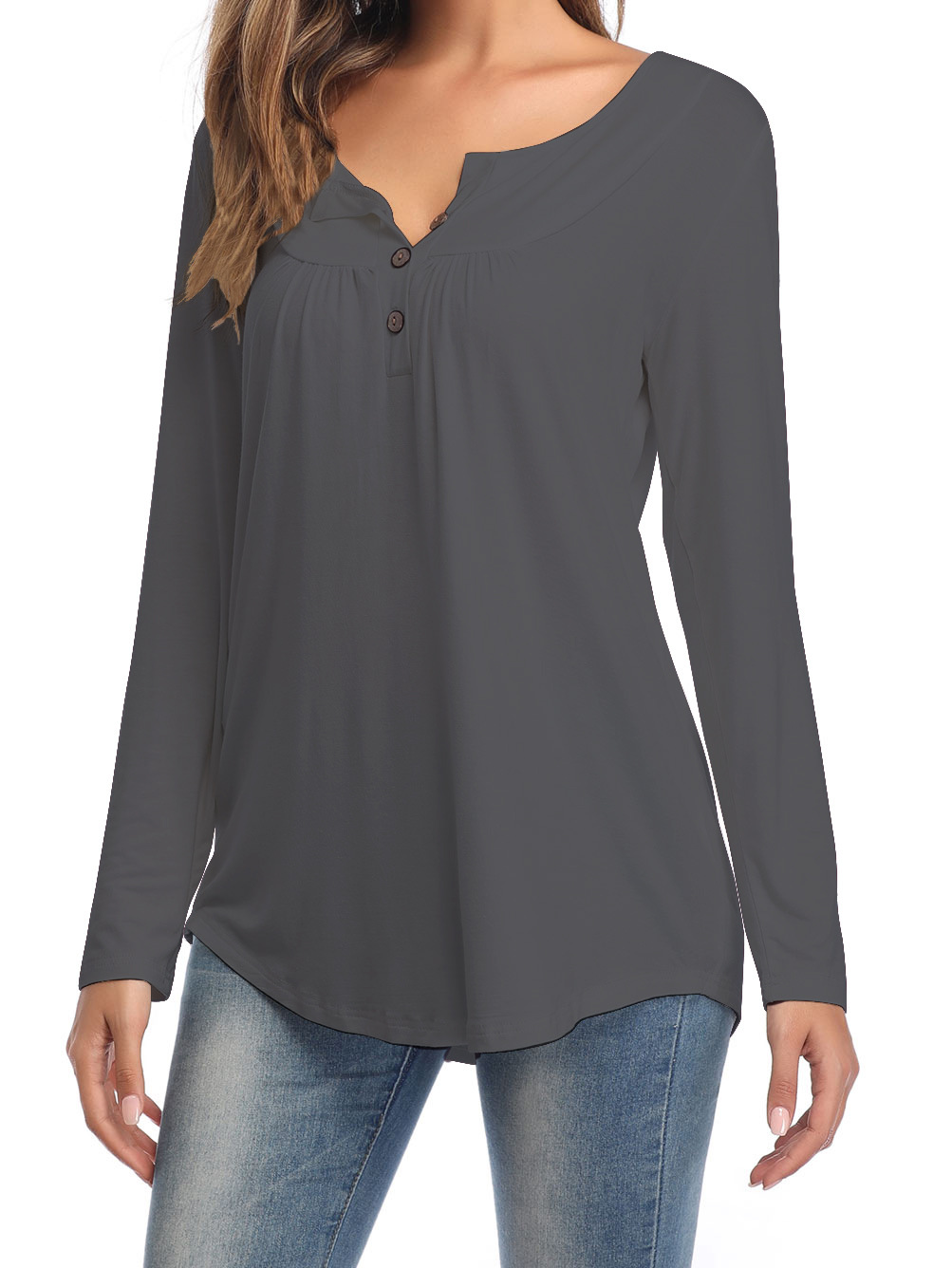 The New Large Size Women's V-neck Button Long-sleeved Shirt Solid Color Pleated Loose T-shirt.