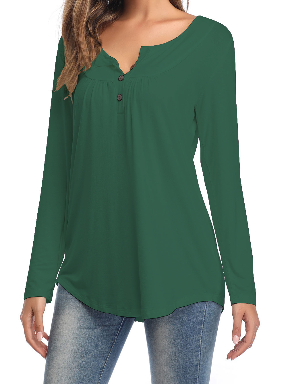 The New Large Size Women's V-neck Button Long-sleeved Shirt Solid Color Pleated Loose T-shirt.