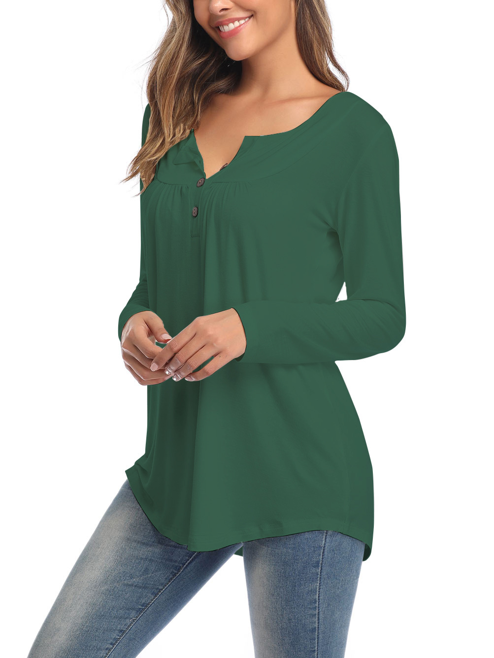 The New Large Size Women's V-neck Button Long-sleeved Shirt Solid Color Pleated Loose T-shirt.