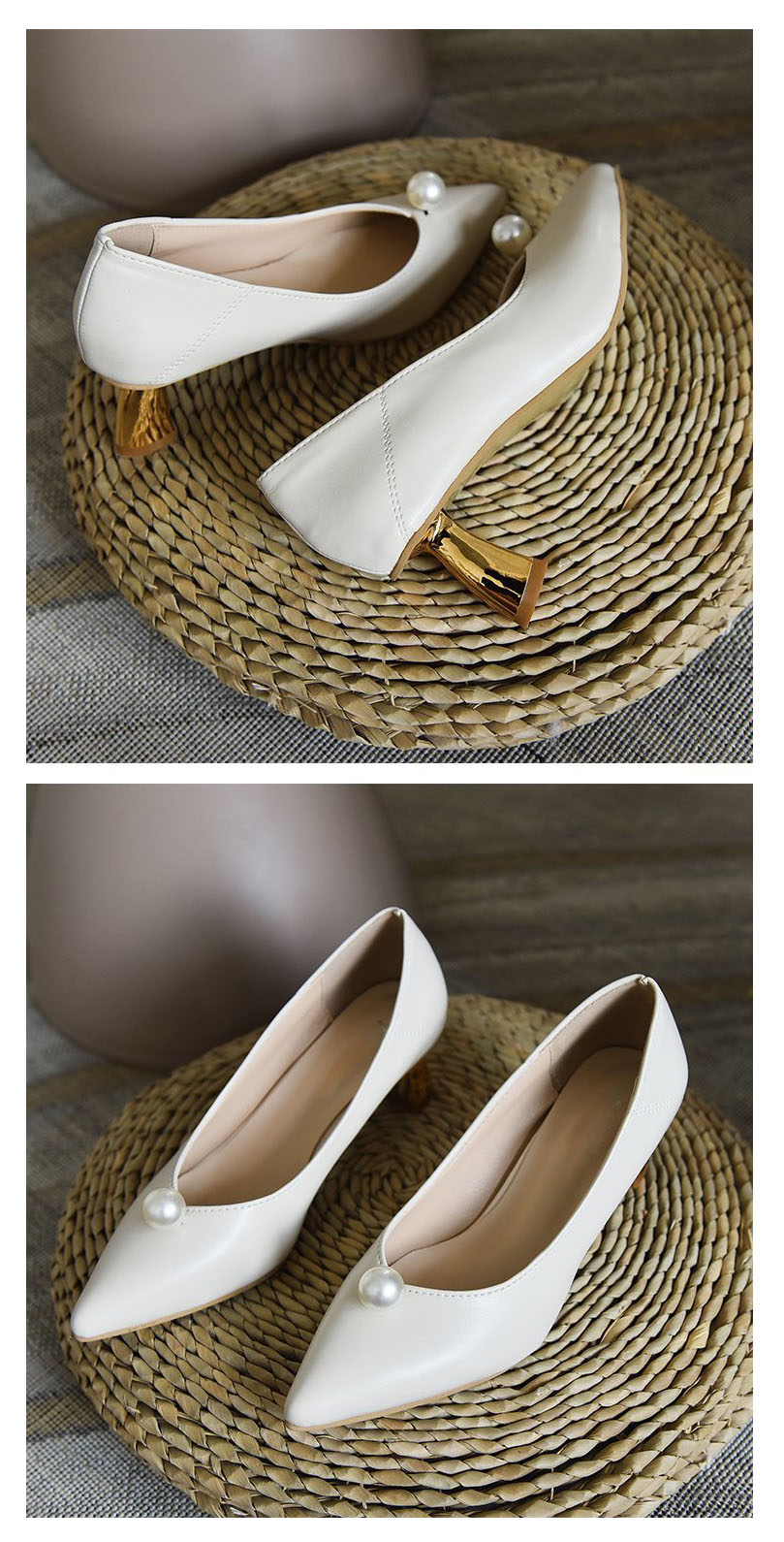 White French Pearl High Heels Fairy Style Pointed Thick Mid-heel Cat Heel Fashion Commuter Shoes