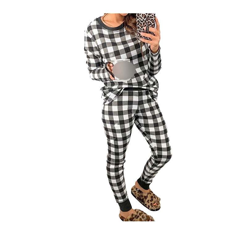 DCMINI Autumn and Winter Home Service Suit Women's Plaid Long-sleeved Trousers Warm Home Pajamas