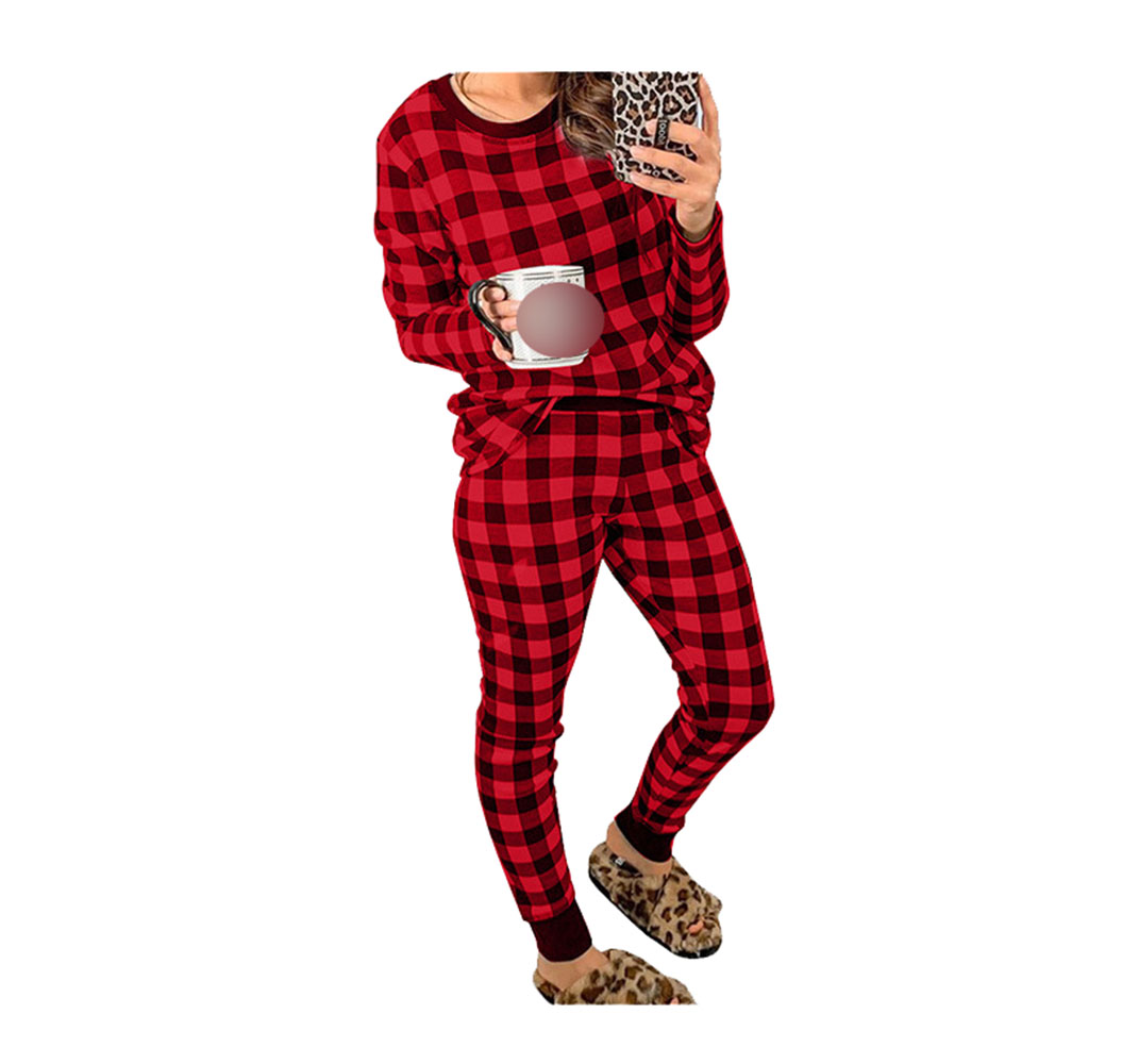 DCMINI Autumn and Winter Home Service Suit Women's Plaid Long-sleeved Trousers Warm Home Pajamas