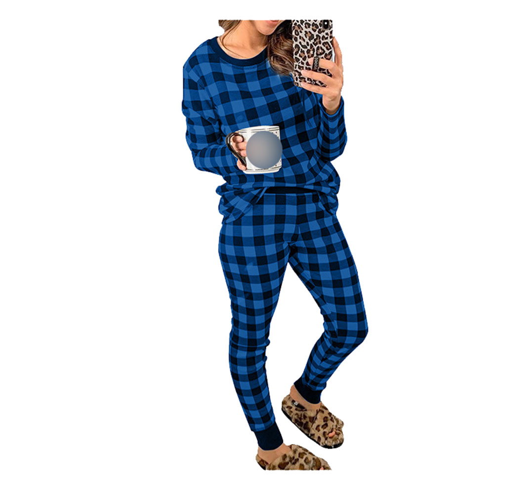 DCMINI Autumn and Winter Home Service Suit Women's Plaid Long-sleeved Trousers Warm Home Pajamas