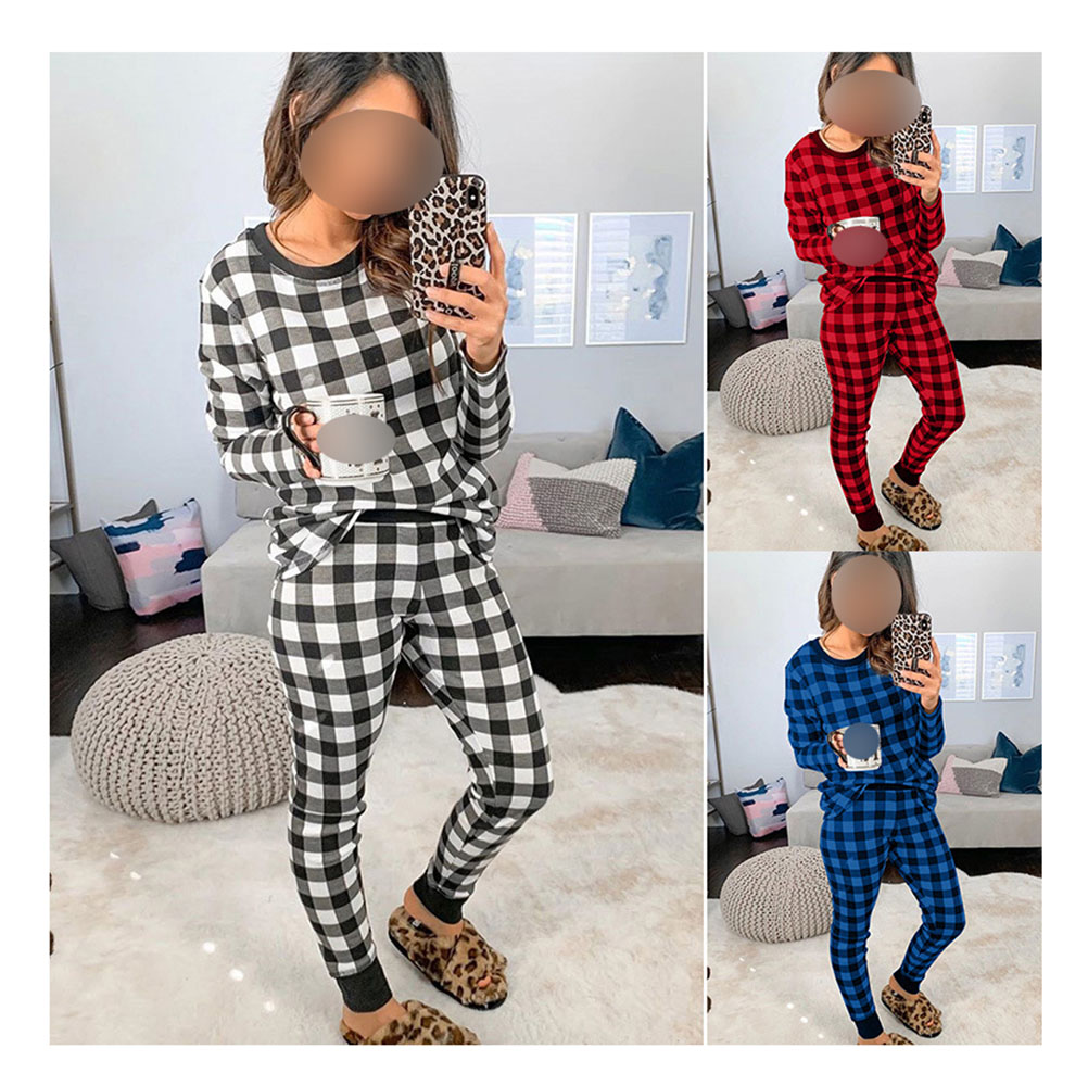 DCMINI Autumn and Winter Home Service Suit Women's Plaid Long-sleeved Trousers Warm Home Pajamas