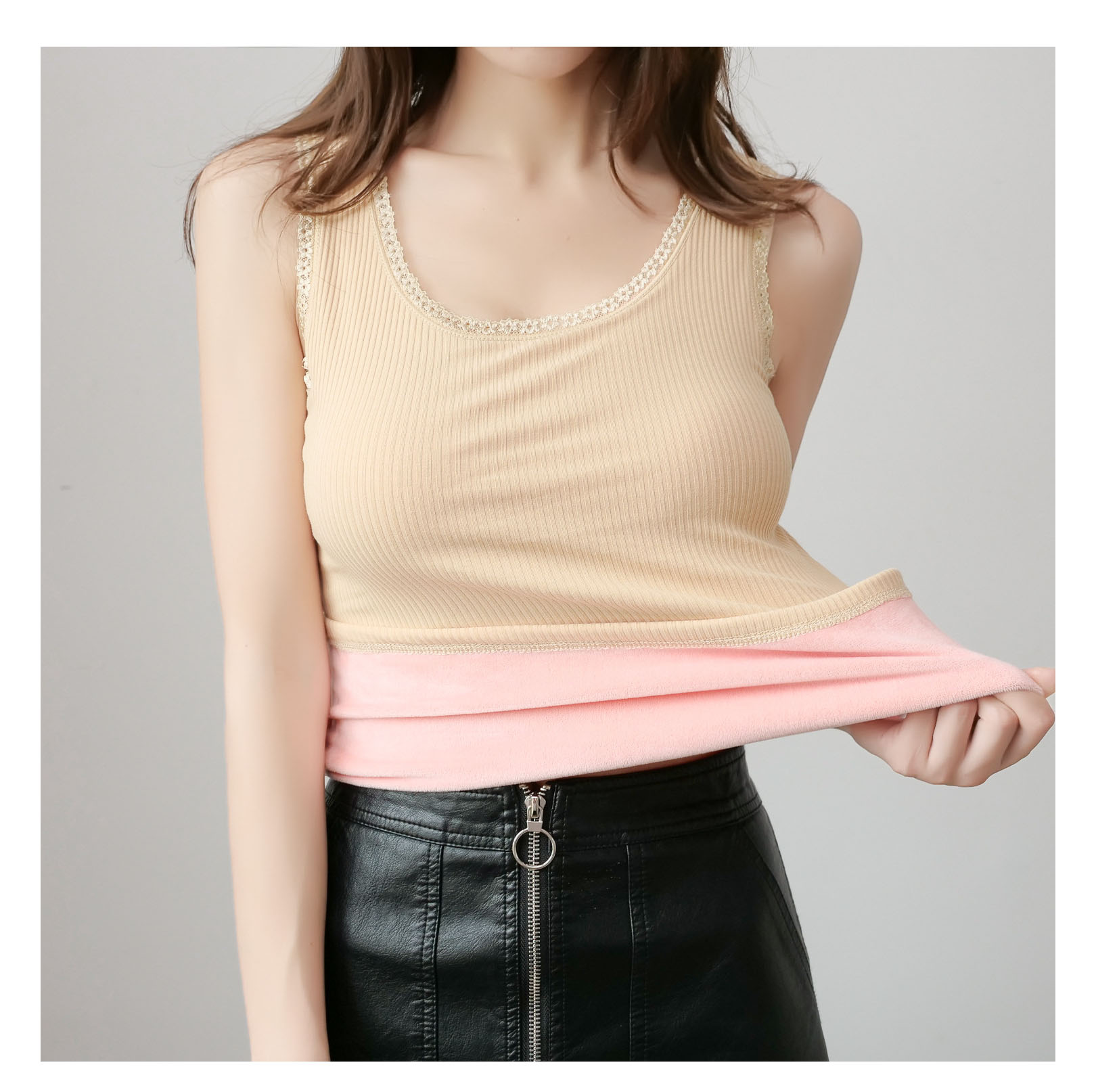 Explosive Avocado Green Thread Cotton Thermal Vest Women Plus Velvet Thickened Warm Inner Base Shirt