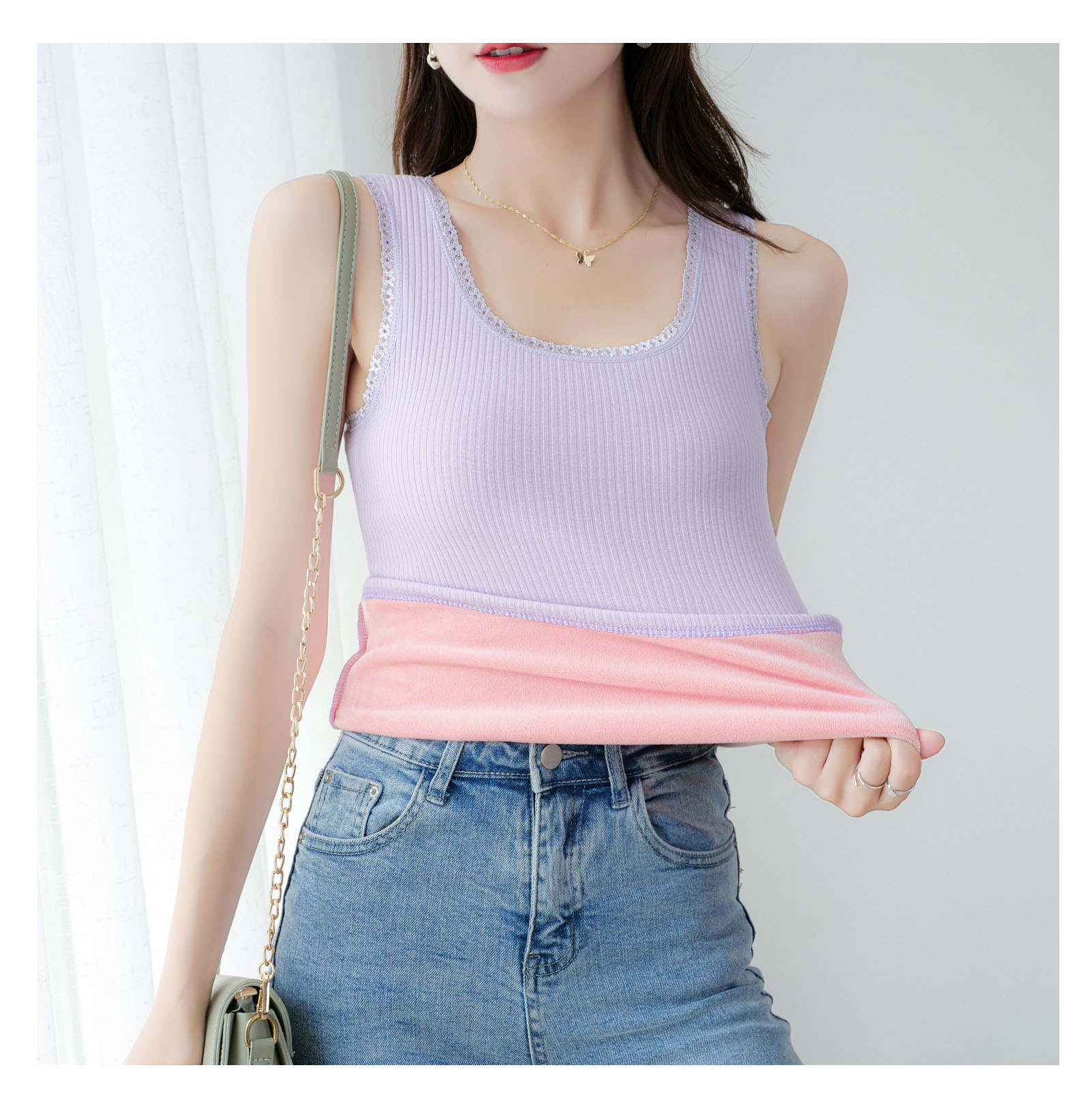 Explosive Avocado Green Thread Cotton Thermal Vest Women Plus Velvet Thickened Warm Inner Base Shirt