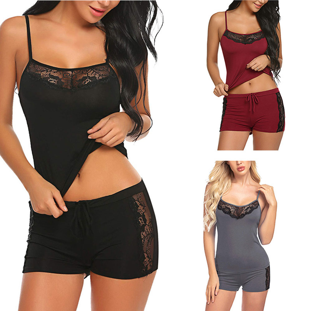 DCMINI Ladies New Fashion Modal Home Sling Lace Shorts Pyjama Set 2 Piece Set