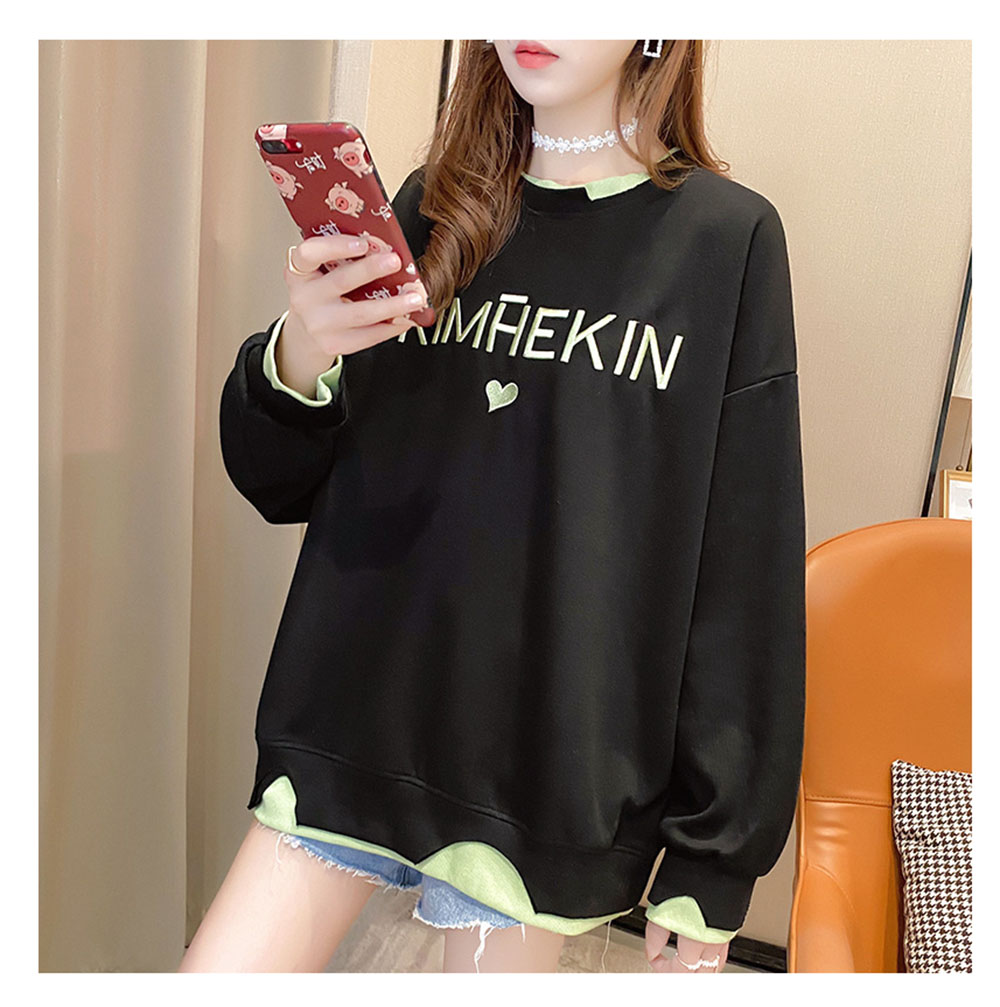New Letter Embroidery Sweater Women Ins Loose Wild Fake Two Long-sleeved T-shirt Tide