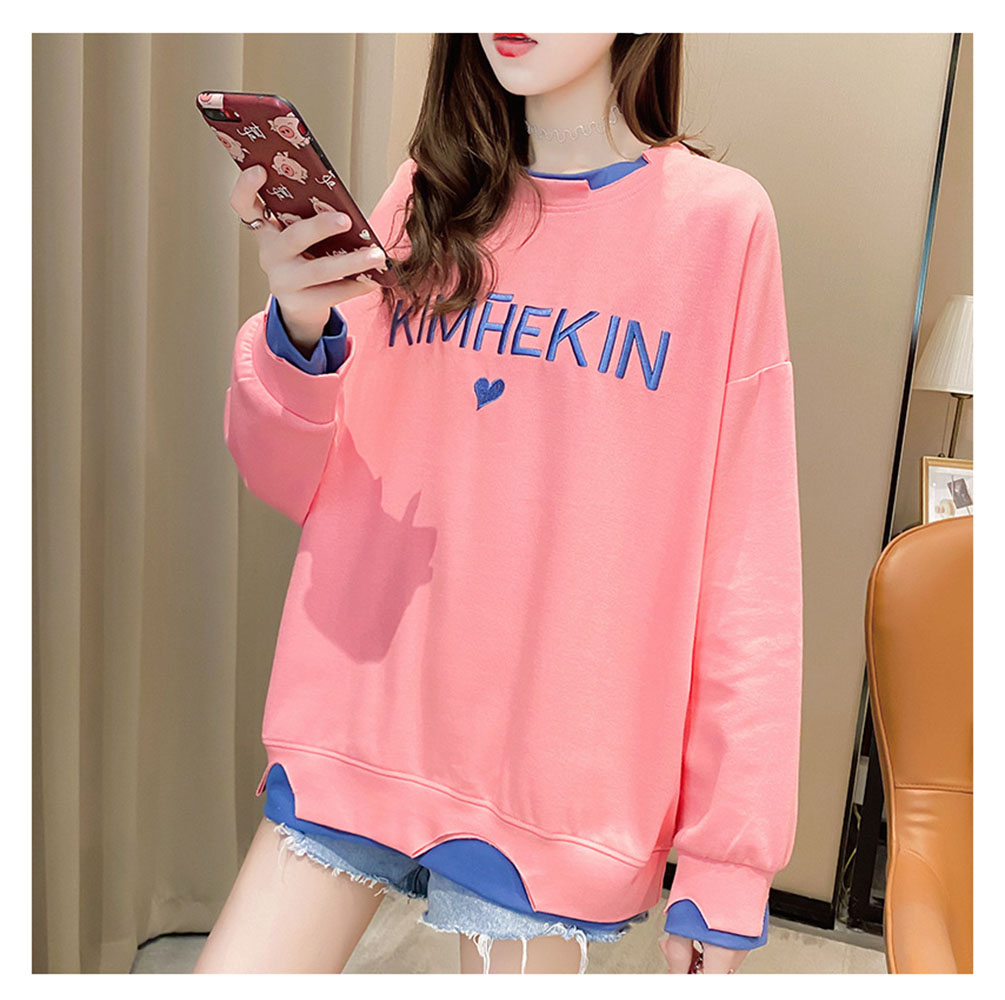 New Letter Embroidery Sweater Women Ins Loose Wild Fake Two Long-sleeved T-shirt Tide