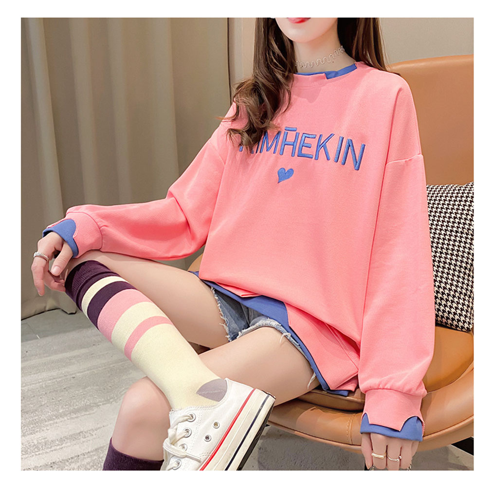 New Letter Embroidery Sweater Women Ins Loose Wild Fake Two Long-sleeved T-shirt Tide