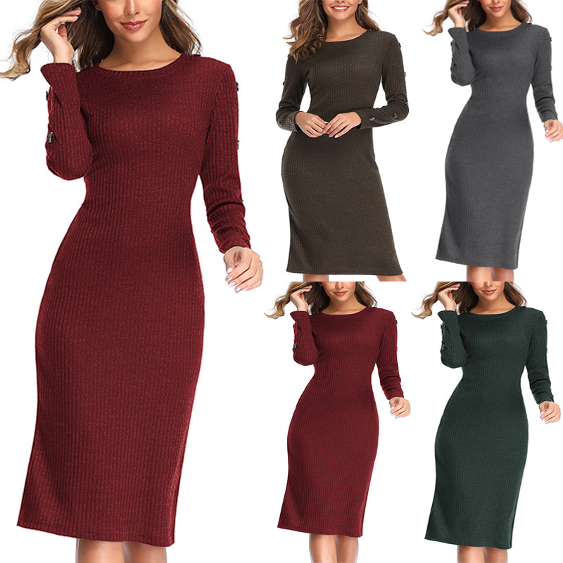 New Round Neck Button Long-sleeved Knitted Dress Stretch Slim Sweater Dress