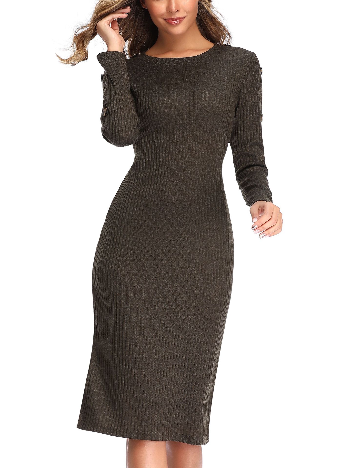 New Round Neck Button Long-sleeved Knitted Dress Stretch Slim Sweater Dress