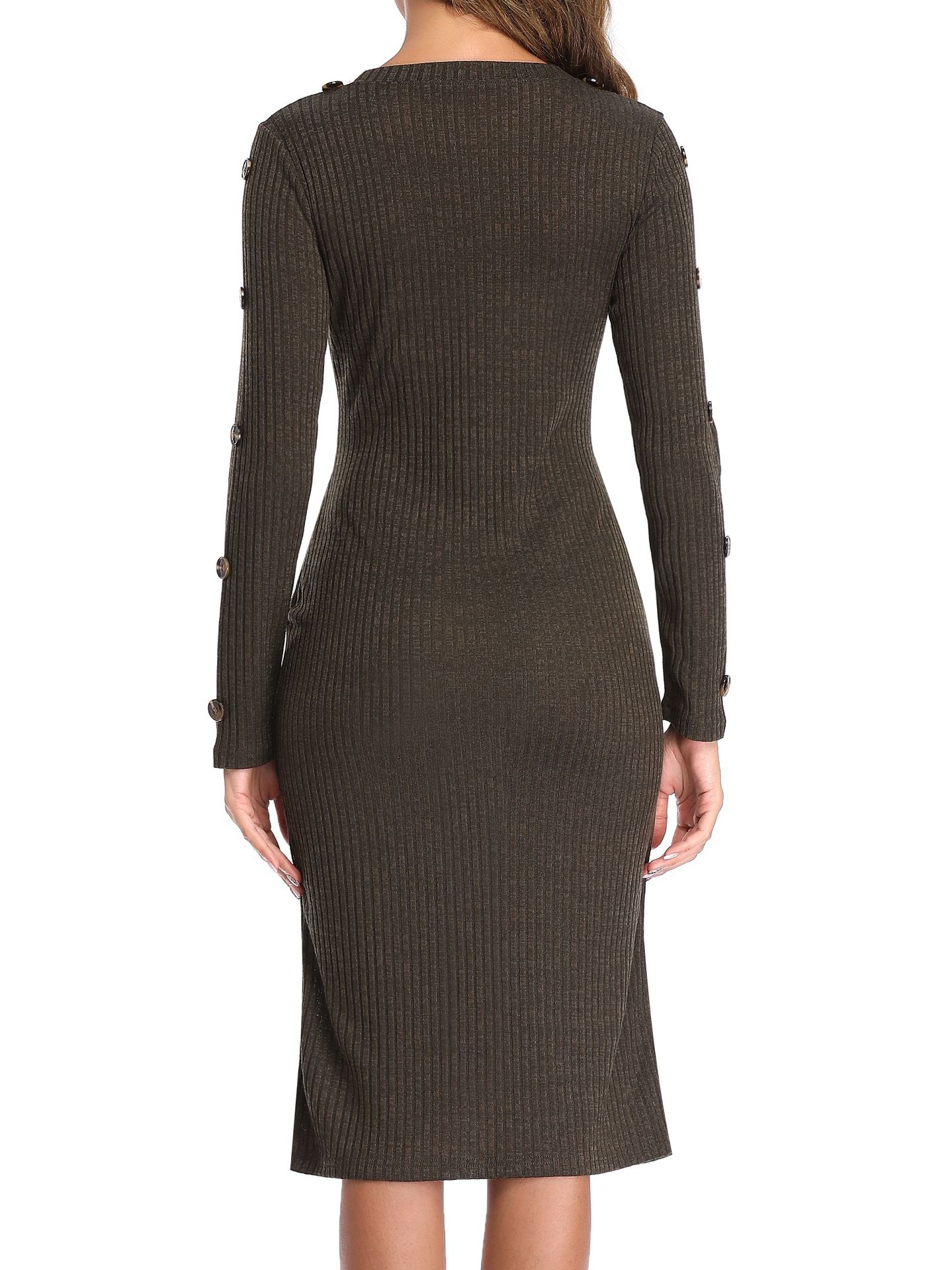 New Round Neck Button Long-sleeved Knitted Dress Stretch Slim Sweater Dress