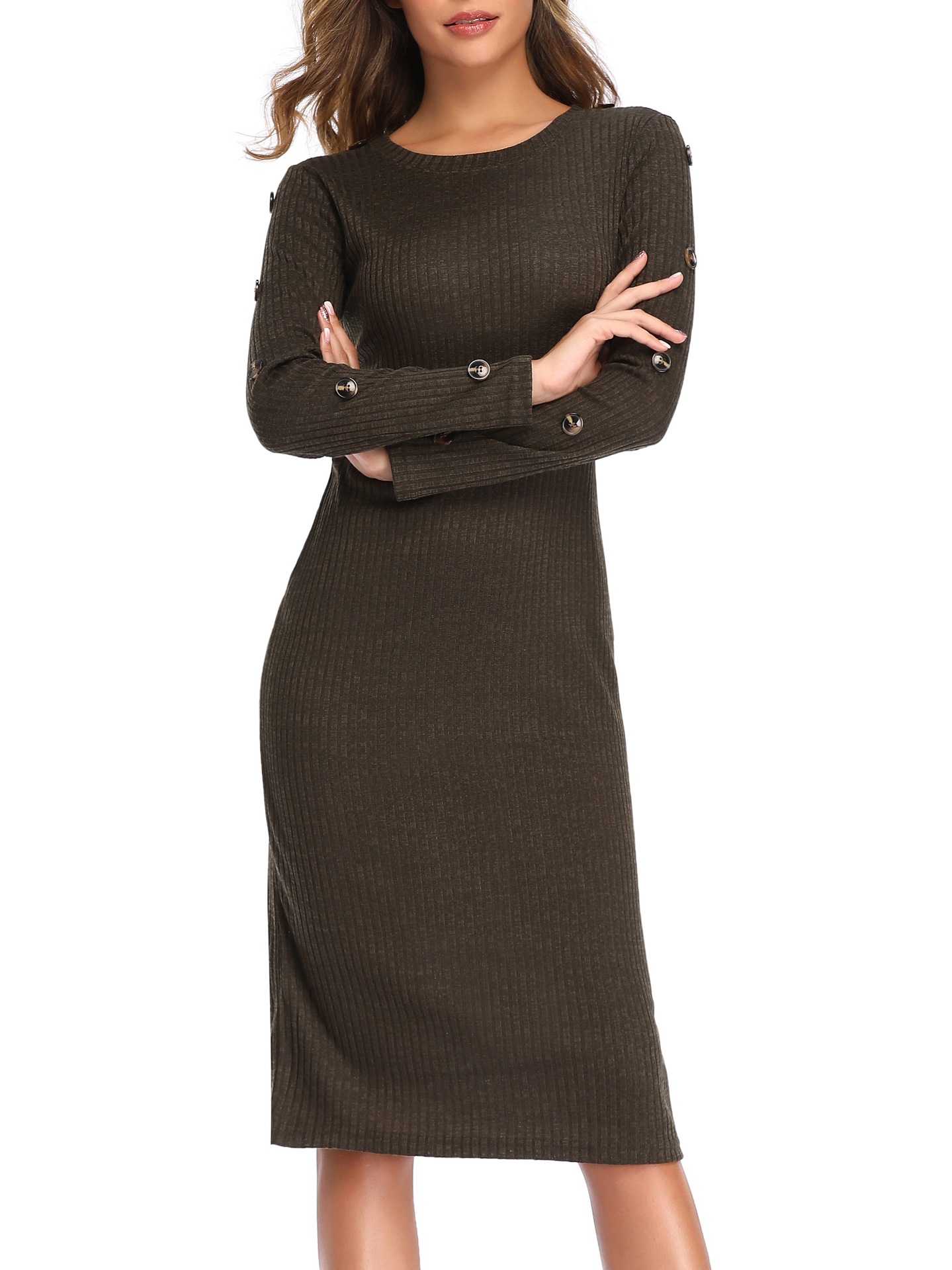 New Round Neck Button Long-sleeved Knitted Dress Stretch Slim Sweater Dress