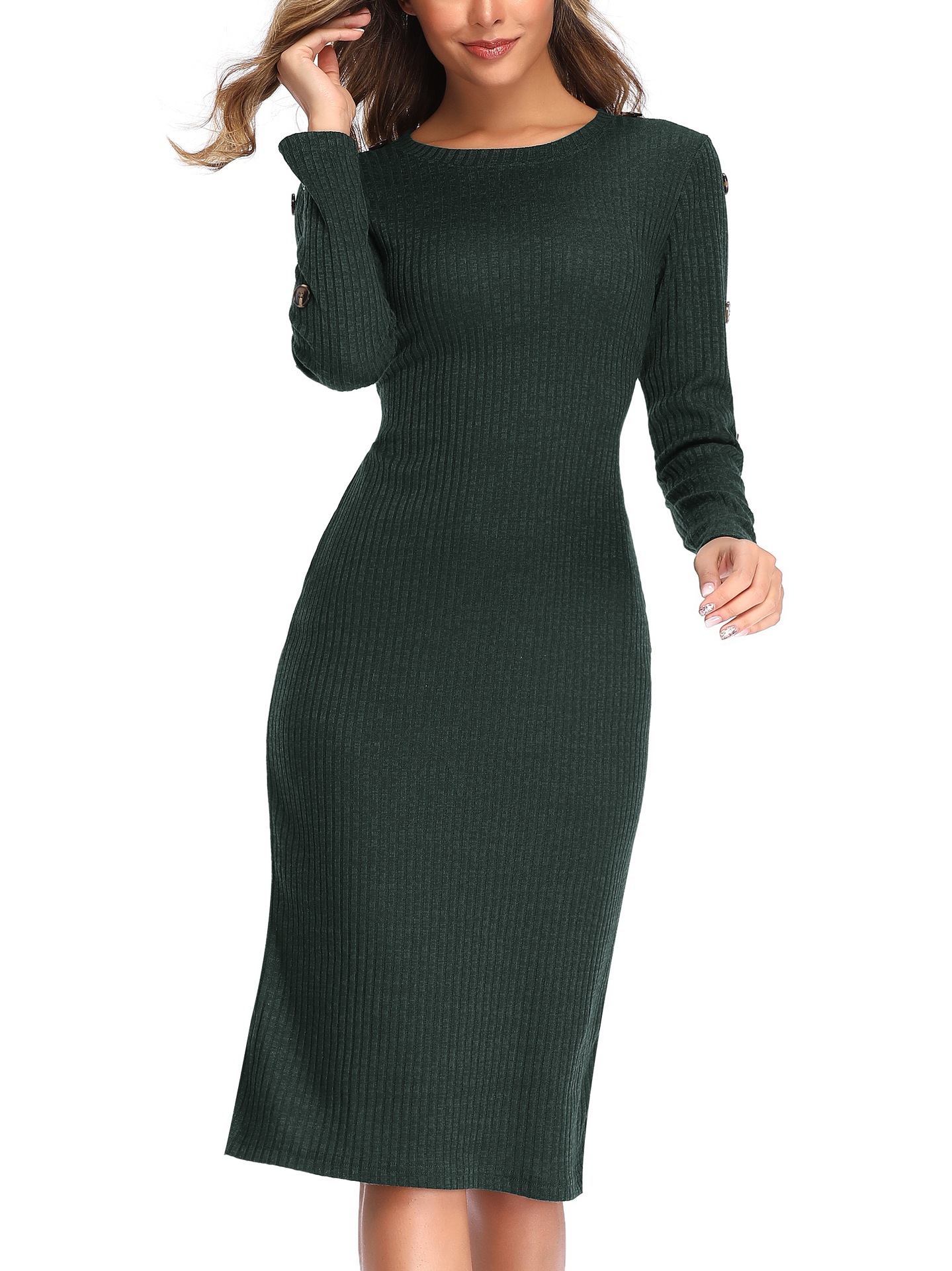 New Round Neck Button Long-sleeved Knitted Dress Stretch Slim Sweater Dress