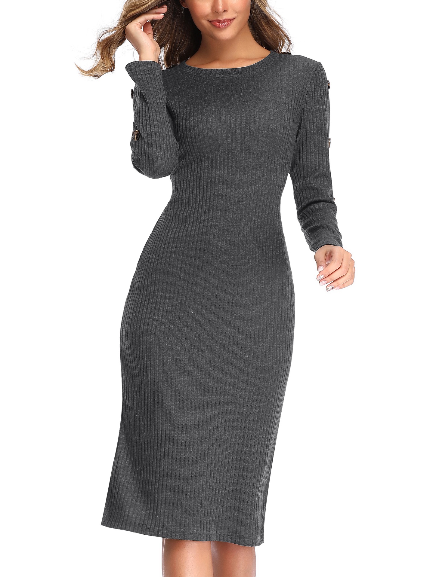 New Round Neck Button Long-sleeved Knitted Dress Stretch Slim Sweater Dress