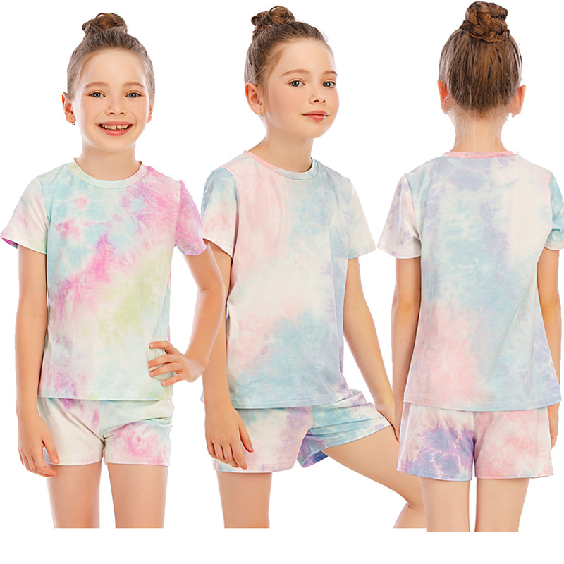 DCMINI Summer Cotton Tie-dye Suit Home Children&apos;s Home Clothes, Gradient Suit, Short-sleeved Pajamas