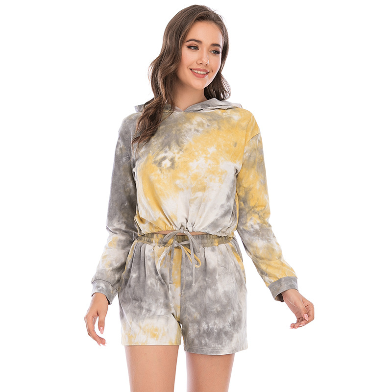 DCMINI Tie-dye Sweater Women's Sports Casual Pajamas Long-sleeved Shorts Two-piece Suit Home Service