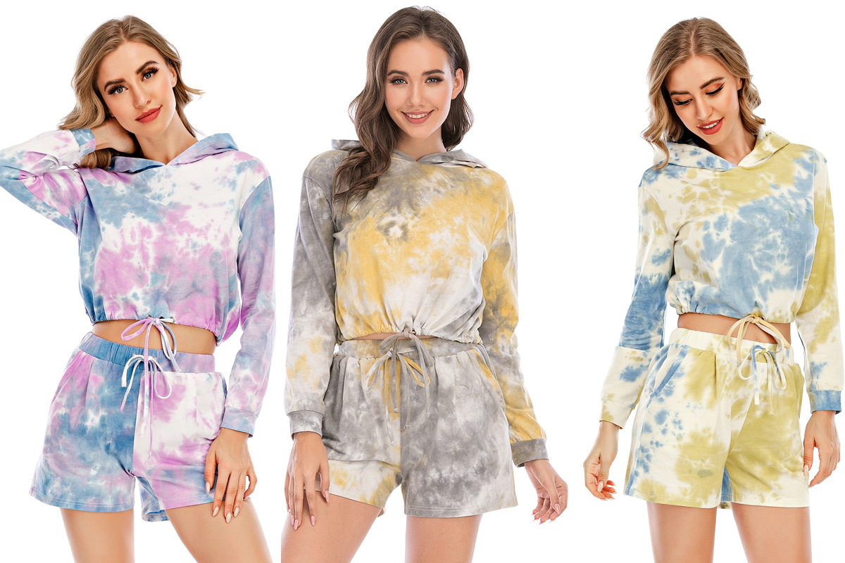 DCMINI Tie-dye Sweater Women's Sports Casual Pajamas Long-sleeved Shorts Two-piece Suit Home Service
