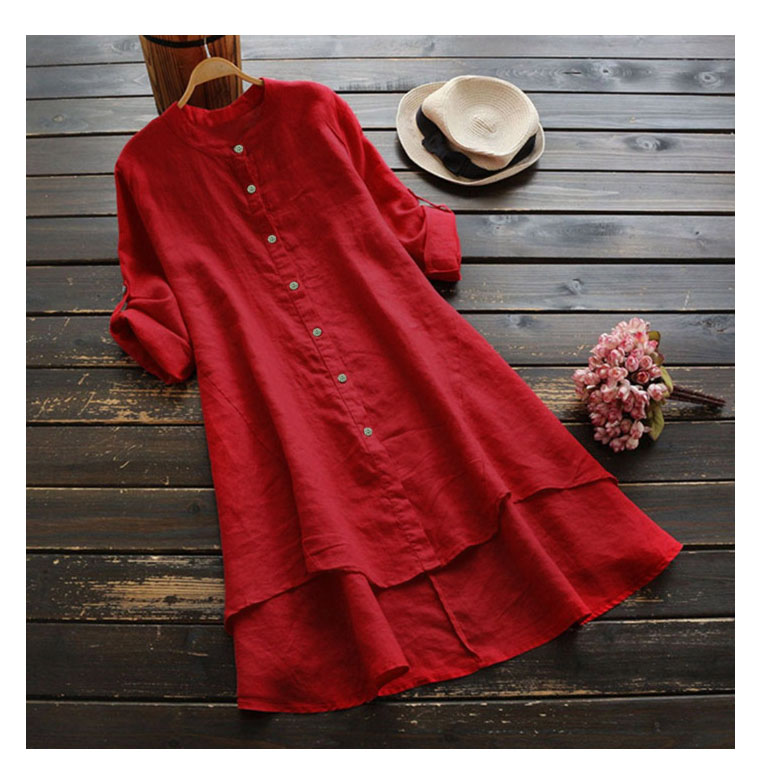 Women's solid color button cotton and linen long-sleeved long shirt Multicolor optional
