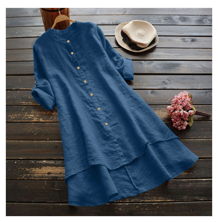 Women's solid color button cotton and linen long-sleeved long shirt Multicolor optional