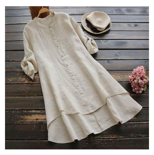 Women's solid color button cotton and linen long-sleeved long shirt Multicolor optional