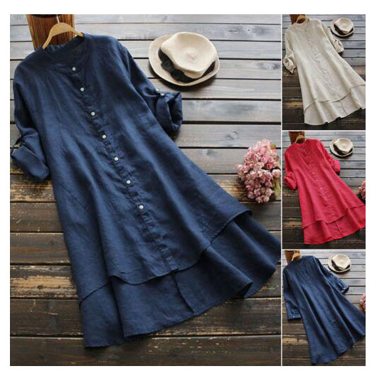 Women's solid color button cotton and linen long-sleeved long shirt Multicolor optional