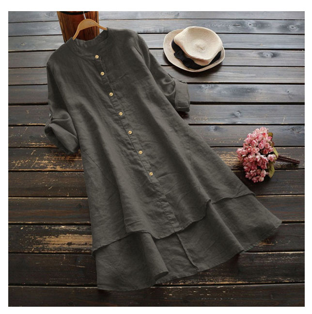 Women's solid color button cotton and linen long-sleeved long shirt Multicolor optional