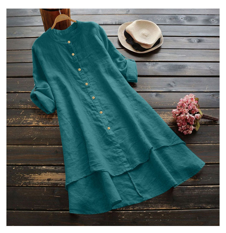Women's solid color button cotton and linen long-sleeved long shirt Multicolor optional