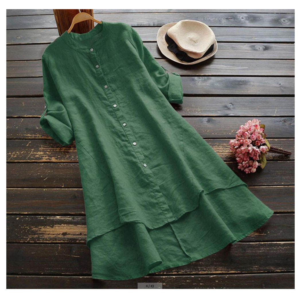 Women's solid color button cotton and linen long-sleeved long shirt Multicolor optional