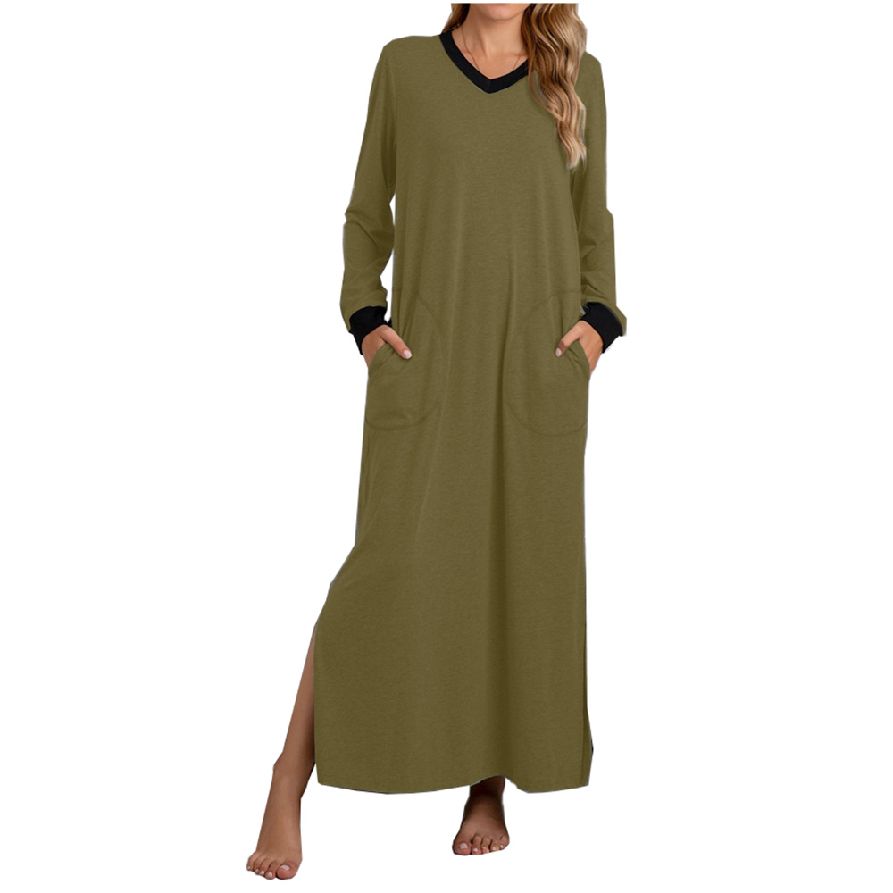 DCMINI Loungewear Long sleeve V-neck Nightgown Women Soft Sleepwear with Pocket