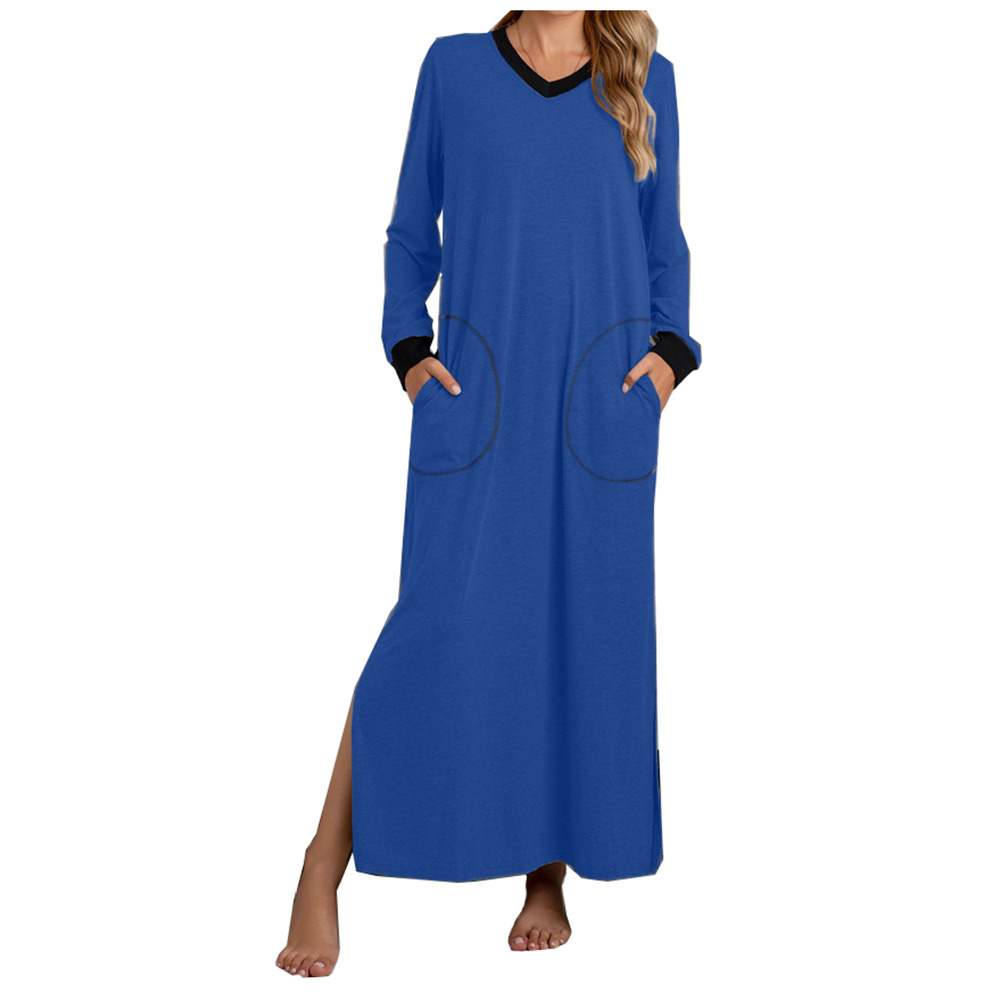DCMINI Loungewear Long sleeve V-neck Nightgown Women Soft Sleepwear with Pocket