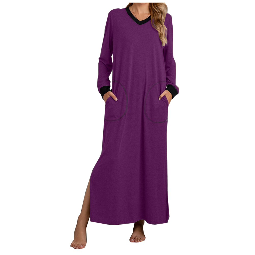 DCMINI Loungewear Long sleeve V-neck Nightgown Women Soft Sleepwear with Pocket